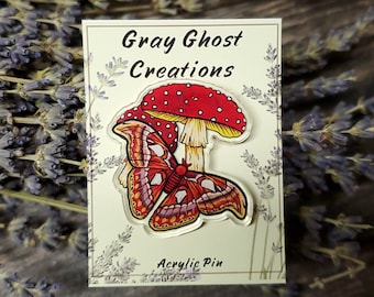 Acrylic Pin - Atlas Moth with Red Spotted Mushrooms - Made with Recycled Materials - Sun Moon Night Butterfly Metaphystical