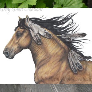 May include: A brown horse with a black mane and tail, adorned with feathers, runs with its head turned to the side. The horse is depicted in a realistic style with detailed shading and texture. The image is titled "Gray Ghost Creations".