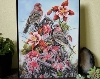 House Finch Hill - Limited Edition 11x14 Fine Art Print - Quartz and Rhodochrosite with Hidden Beetles and Bugs Columbine Flowers Spider