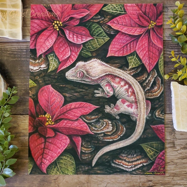 LIMITED EDITION - Christmas Crested Gecko - Fine Art 11x14 Print - By Laura Airey Le - Gecko Holiday Candy Cane Reptile Poinsettia Flower