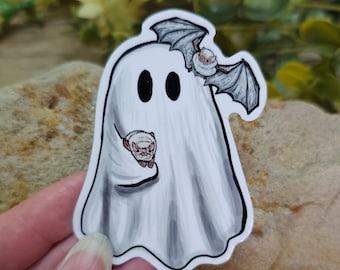 Ghost with Northern Ghost Bats Sticker - 3 inch glossy sticker - Waterproof Bat Batty Art Wildlife Nocturnal Night Ghostly Halloween
