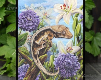 Crested Gecko Garden Art Print: Reptile with Lilies, Colored Pencil Drawing (5x7)