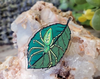 Acrylic Pin - Green Lynx Spider on a Leaf - Made with Recycled Materials - Plant Garden Arachnid Tarantula Bug Insect Cute