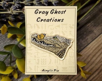 Acrylic Pin - Egyptian Nile Crocodile with a Butterfly - Made with Recycled Materials - Egypt God Gods Life Sobek
