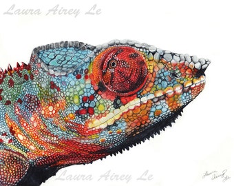 Poséidon - Panther Chameleon Fine Art Print - Par Laura Airey Le - Portrait de Reptile Lézard Arc-en-ciel Madagascar Panthère Caméléon