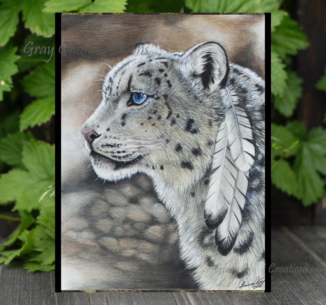 Snow Leopard Art Print: Majestic Big Cat With Feathers - Etsy