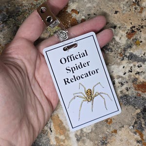 以下が含まれることがあります： 「Official Spider Relocator」の文字とクモのイラストが描かれた白い長方形のバッジ。 バッジは、金属製の留め金が付いた透明なプラスチッククリップに取り付けられています。