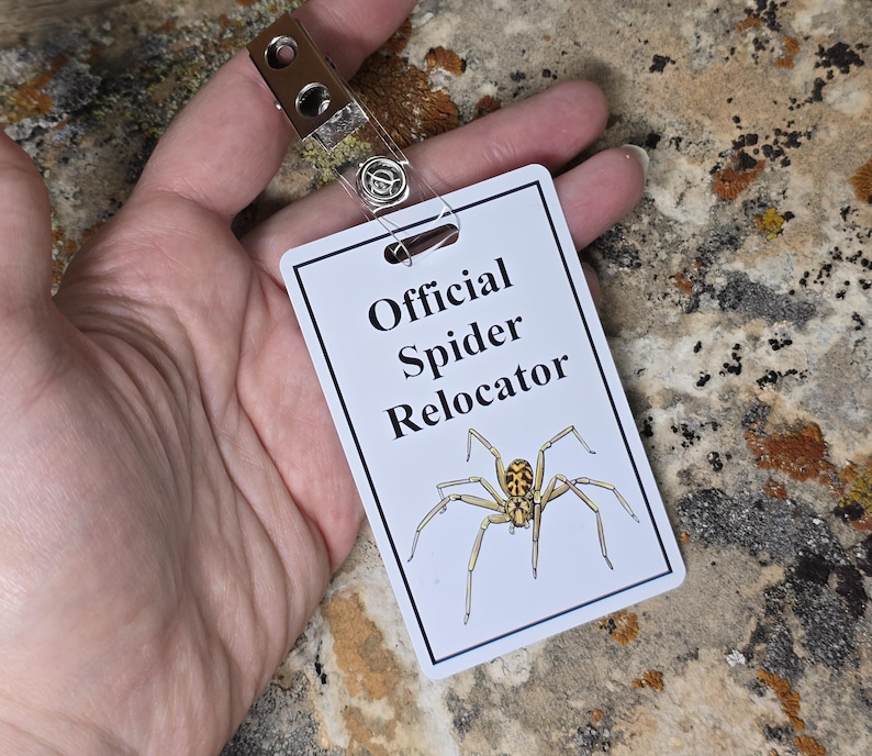 以下が含まれることがあります： 「Official Spider Relocator」の文字とクモのイラストが描かれた白い長方形のバッジ。 バッジは、金属製の留め金が付いた透明なプラスチッククリップに取り付けられています。