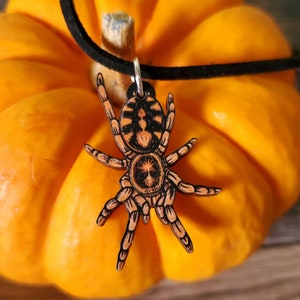 Peut inclure: Un collier en cordon noir avec un pendentif en bois en forme d'araignée. L'araignée est peinte en orange et noir avec des détails complexes. Le collier est présenté sur une citrouille orange vif.