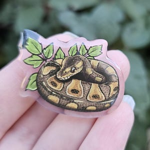 May include: A clear resin pin featuring a curled up brown and yellow snake with green leaves behind it.