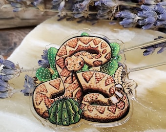 Acrylic Pin - Rattlesnake with Cactus - Made with Recycled Materials - Snake Reptile Cactus Succulents Diamondback Rattle Venom