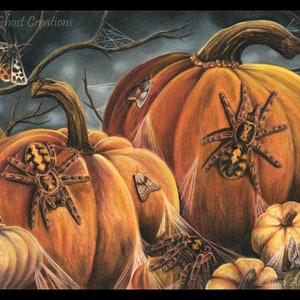 May include: A Halloween-themed illustration featuring three pumpkins with spider and moth designs. The pumpkins are surrounded by cobwebs and have a dark, moody background.