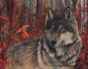 Red Forest - Fine Art Print - By Laura Airey Le - Red Wolf Wolves Nature Gray Gray Animal Spirit