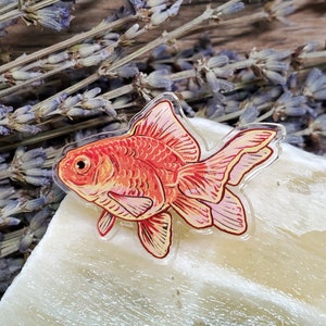 Acrylic Pin - Orange and Yellow Fancy Goldfish - Made with Recycled Materials - Fish Carp Lucky Fishing Golden Cute Gift