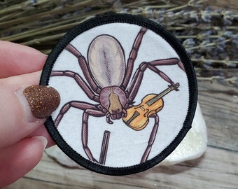 Brown Recluse with Golden Fiddel Patch - 2.25 inch Iron On / Sew On Patch - Arachnid Devil went down to Georgia Violin