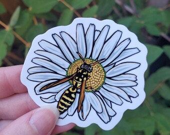 Wasp Friend on a Flower Sticker - 2.75 inch glossy waterproof sticker - Insect Bug Butterfly Rainbow Art Drawing Forest Daisy