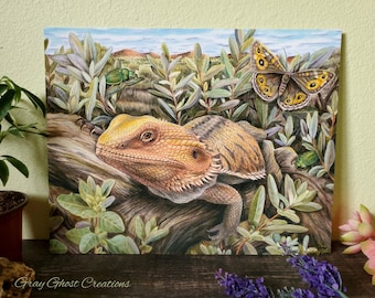 LIMITED EDITION - Australian Dragon - 11X14 Fine Art Print - By Laura Airey Le - Reptile Bearded Dragon Lizard Butterfly Native Wildlife