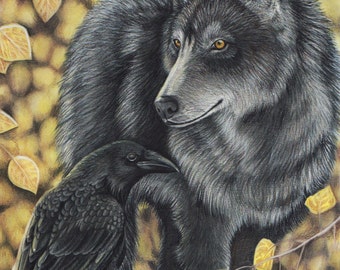 End of Autumn - Fine Art Print - By Laura Airey Le - Yellow Wolf Black Raven Crow Forest Spirits