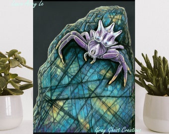 Seven Spine Crab Spider Art Print: Labradorite Stone, Purple Phase