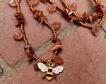 Carnelian Honey Bee - Enamel and Metal Pendant  - Real Carnelian Chips and Glass Beads Stone Metaphystical Forest Pollinator Bug Insect