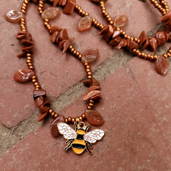 Carnelian Honey Bee - Enamel and Metal Pendant  - Real Carnelian Chips and Glass Beads Stone Metaphystical Forest Pollinator Bug Insect