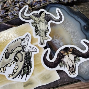 Trio of African Skull Stickers - 2.5 inch glossy sticker trio - African Hyena Cape Buffalo Blue Wildebeest Moth Death Vulture