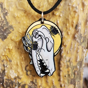 Anubis Jackal Skull Pendant: Egyptian God Necklace, Scarab Beetles, Maple Wood