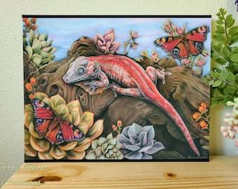 Gargoyle Gecko Art Print: Reptile, Succulents, Butterfly - Limited Edition