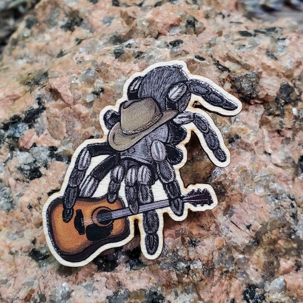 Wooden Pin - Aphonopelma johnnycashi Black Tarantula - Made with Recycled Materials - Western Cowboy Hat Guitar Country