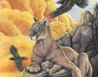 Sacred Rock -  Fine Art Print - By Laura Airey Le - Mountain Lion with Ravens - Yellow Sunset - Lion Totem