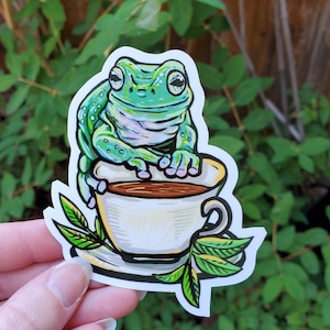 Green Whites Tree Frog Sticker - 4 inch glossy sticker - Happy Frog Enjoying Tea toad amphibian Art Drawing Dumpy Cute Snowflake Frogcore