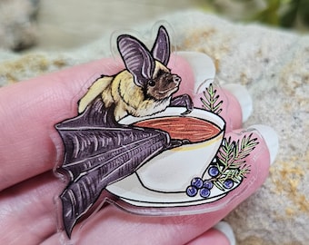 Acrylic Pin - Townsend's big-eared Bat Tea Time - Made with Recycled Materials - Bats Batty Juniper Tea Unique Pin