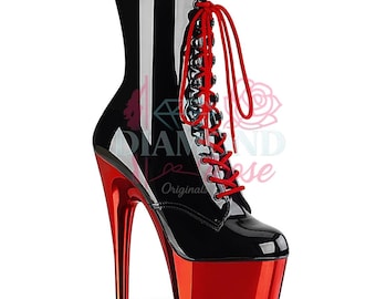Black Patent with Red Chrome Platform Ankle Boots – Dominatrix / Power Play – 7 Inch High (Size 7)
