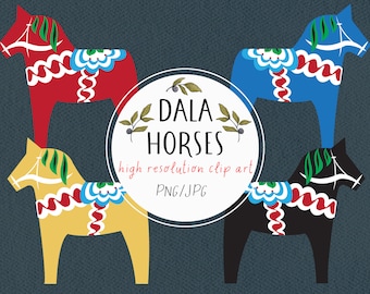 Dala Horse Clip Art in red, black, yellow, and blue, instant download, digital printable