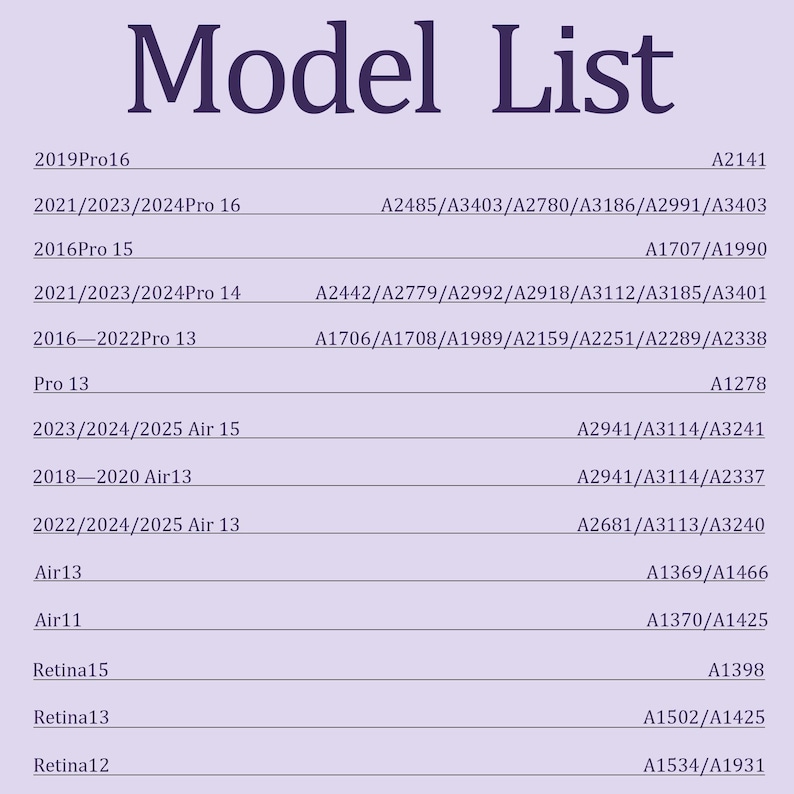 May include: A list of Apple product models with their corresponding model numbers. The list includes models for the iPhone, iPad, and MacBook.
