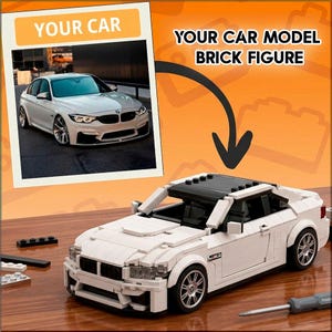 May include: A white brick-built model car with a black roof, featuring a photograph of a white sedan labeled YOUR CAR and the text YOUR CAR MODEL BRICK FIGURE. The model includes detailed wheels, a front grille, and a small screwdriver tool nearby.