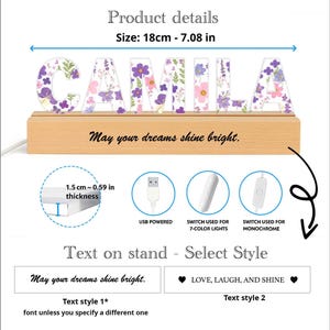 May include: A wooden base with the name "CAMILA" spelled out in individual letters. Each letter is filled with a floral design in shades of purple and pink. The base has the text "May your dreams shine bright." The light is USB powered and has a switch for 7-color lights or monochrome.