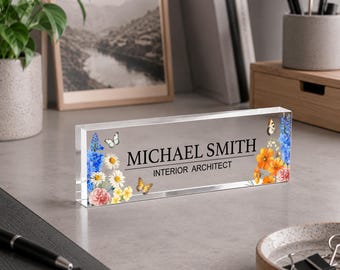 Personalized Acrylic Desk Name Plate, Custom Office Name Sign, Clear Desk Plaque with Floral Design