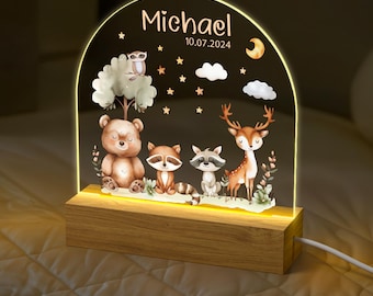 Gepersonaliseerde kinderkamernachtlampje, bosdierenthema, babycadeau