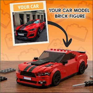 May include: A red brick-built model car featuring black racing stripes on the hood and roof, black wheels, and a black rear spoiler. Above the car, a photograph shows a red sports car with the text YOUR CAR and YOUR CAR MODEL BRICK FIGURE.