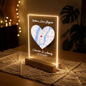 Gepersonaliseerd led-nachtlampje eerste datumkaart - Aangepast jubileumcadeau voor koppels - Where We Met - acrylplaquette