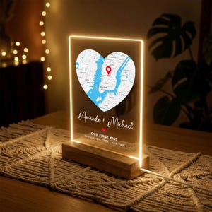 Luz LED con mapa "Dónde nos conocimos", regalo para la primera cita, placa de aniversario personalizada, luz nocturna personalizada para parejas, regalo de San Valentín