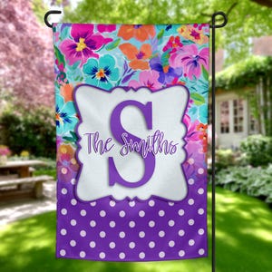 Colorful Pansy Floral Garden Flag Design | Purple Polka Dot Monogram Yard Flag | Bright Spring Summer Garden Flag Sublimation PNG