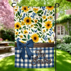 Farmhouse Sunflower Garden Flag Design | Navy Blue Gingham Buffalo Plaid Yard Flag | Spring Summer Floral Garden Flag Sublimation PNG