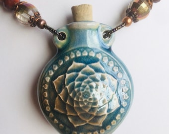 Lotus flower clay bottle necklace for essential oils, Ashes, herbs, or tiny mementos