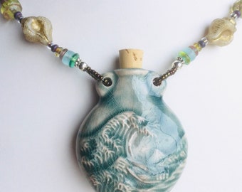 Great wave raku glazed bottle necklace for potions, essential oils, ashes