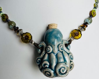 Peruvian raku fired clay octopus bottle necklace