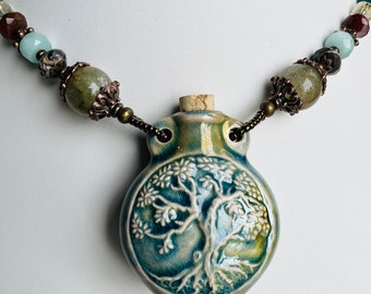Tree of life raku glazed bottle necklace for potions, essential oils, ashes