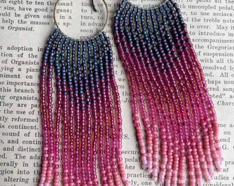 Ombré purple and pink beaded fringe earrings