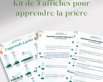 3 Affiches de prière en islam pour garçons peau claire et foncée + Un guide illustrée, détaillé et complet étape par étape/Texte + Positions